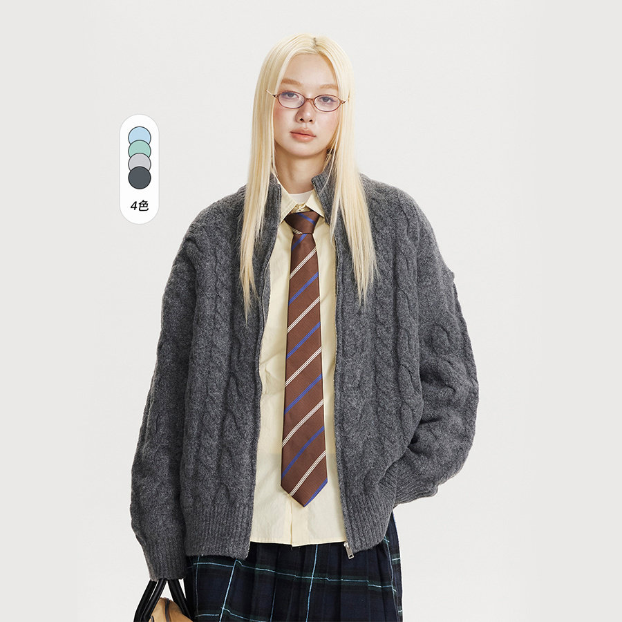 美式复古麻花开衫毛衣男女国潮减龄宽松休闲学院风针织衫外套09