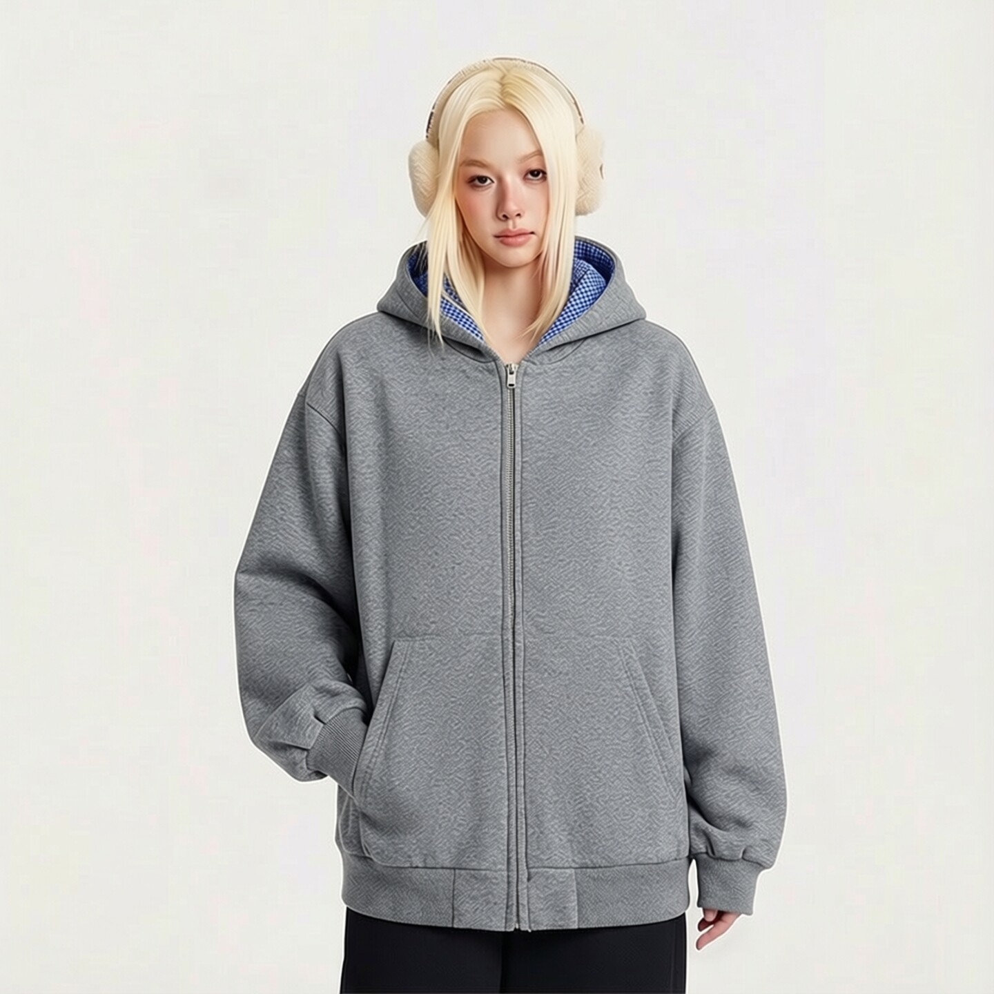 美式复古双面穿格纹连帽卫衣开衫男女宽松拉链外套休闲慵懒风09