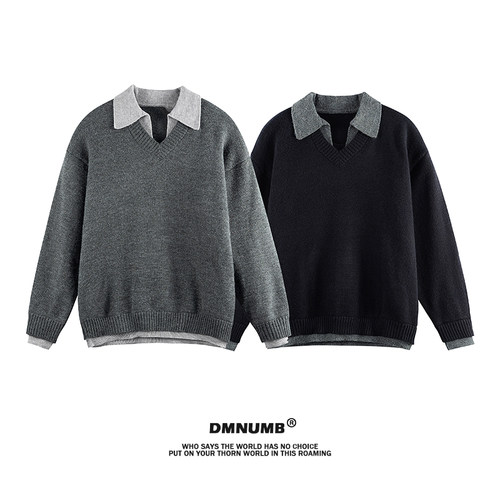 美式复古假两件翻领毛衣