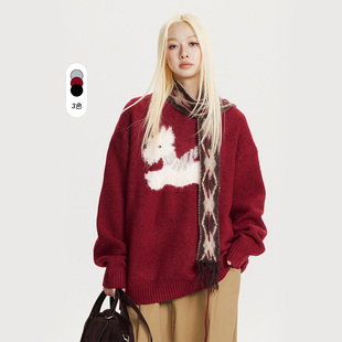 新款 绵羊毛男女宽松情侣毛衣冬季 美式 复古风毛绒小狗圆领针织衫