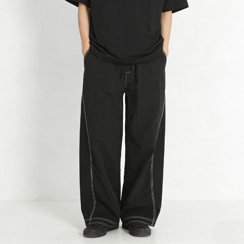 美式风复古抽绳运动裤明线装饰直筒休闲裤男女宽松百搭黑色长裤12