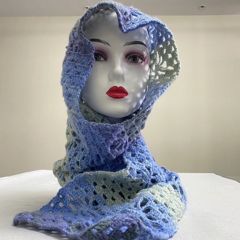 高级保暖绵羊毛围巾渐变色粉蓝色系手工钩织蜘蛛花披巾时尚百搭女