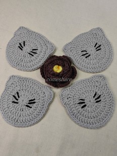 卡通小熊水杯垫11CMX11CM手工钩织茶杯隔热垫4个日常餐桌防烫垫