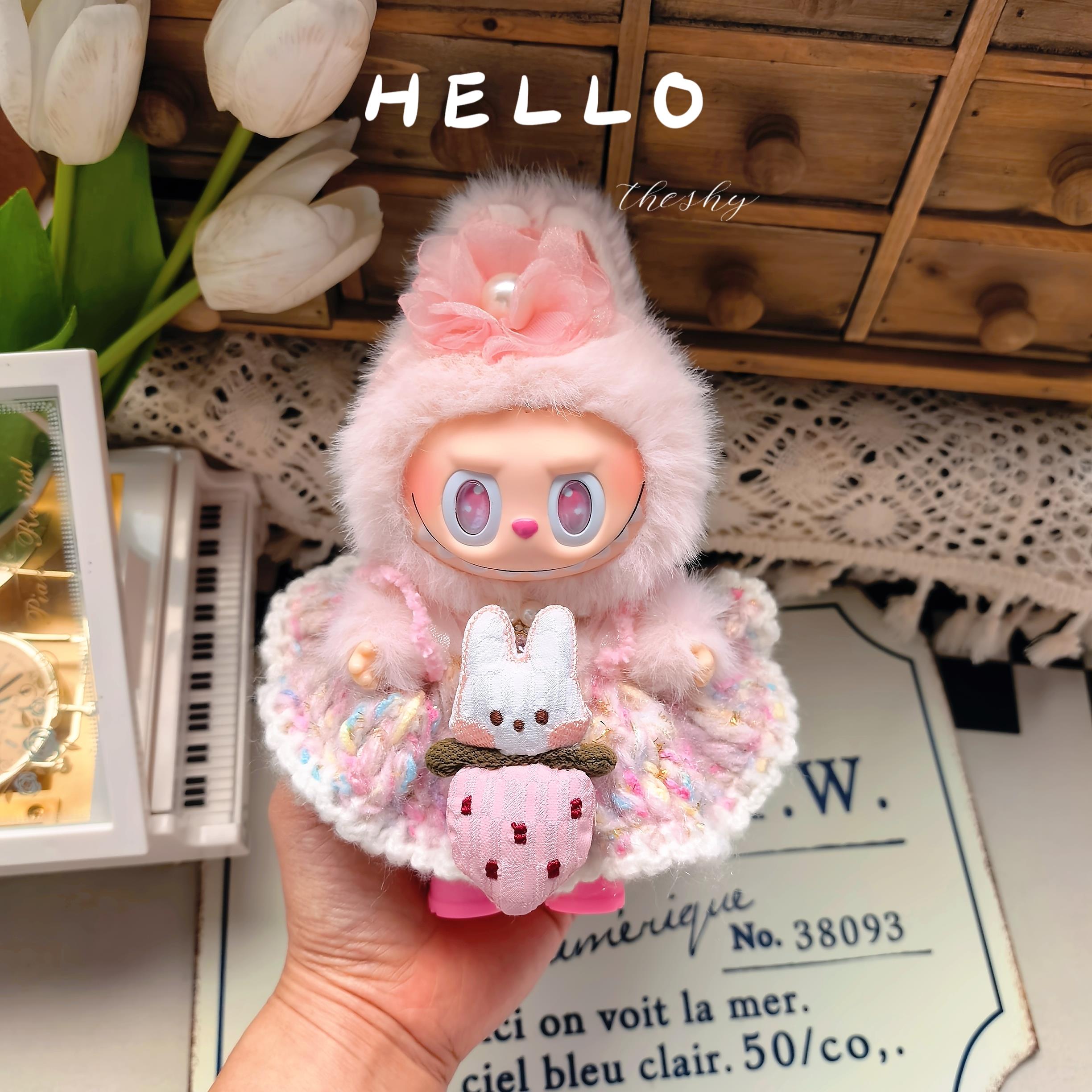 仅娃衣》labubu17cm娃衣拉布布衣服三代通用款粉色小兔钩织连衣裙