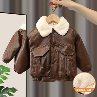 男童加绒皮衣外套冬装 男孩宝宝保暖上衣潮 儿童加厚皮夹克2025新款