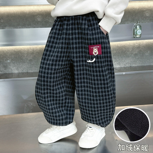 儿童加绒裤子冬季男童一体绒卫裤保暖格子长裤宝宝加厚休闲束脚裤