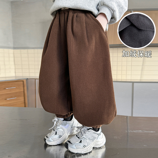 儿童一体绒裤子冬季男童加绒休闲裤宝宝保暖灯芯绒长裤宽松灯笼裤