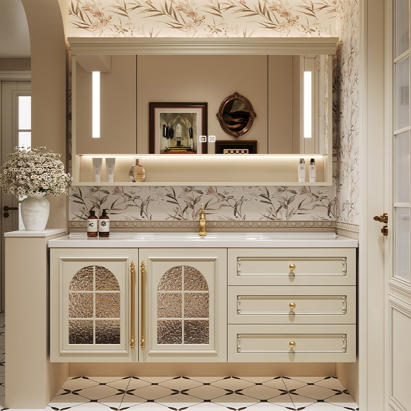 法式奶油风浴室柜陶瓷一体盆柜