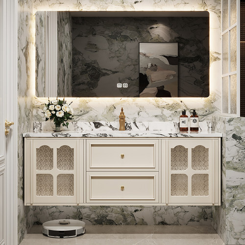岩板法式奶油风木漆定制浴室柜