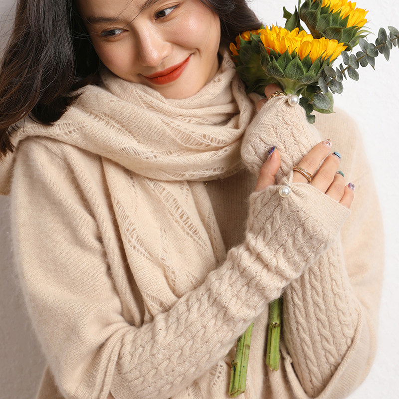 羊绒袖套半指手套女护腕袖子手臂套长羊毛线针织无指半截秋冬保暖