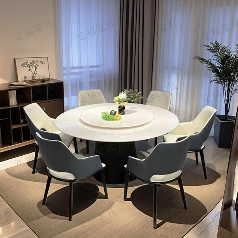 高档天然玉石轻奢石大理石圆桌实木餐桌椅带转盘白冰玉别墅蓝白椅