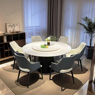 高档天然玉石轻奢石大理石圆桌实木餐桌椅带转盘白冰玉别墅蓝白椅