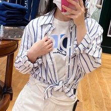 亚麻~美系R标小马刺绣条纹宽松女士长袖防晒衬衫男士夏天薄款衬衣
