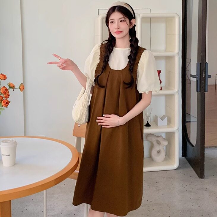 夏秋款INS超火纯色宽松背带裙中长款连衣裙孕妇套装女吊带小个子
