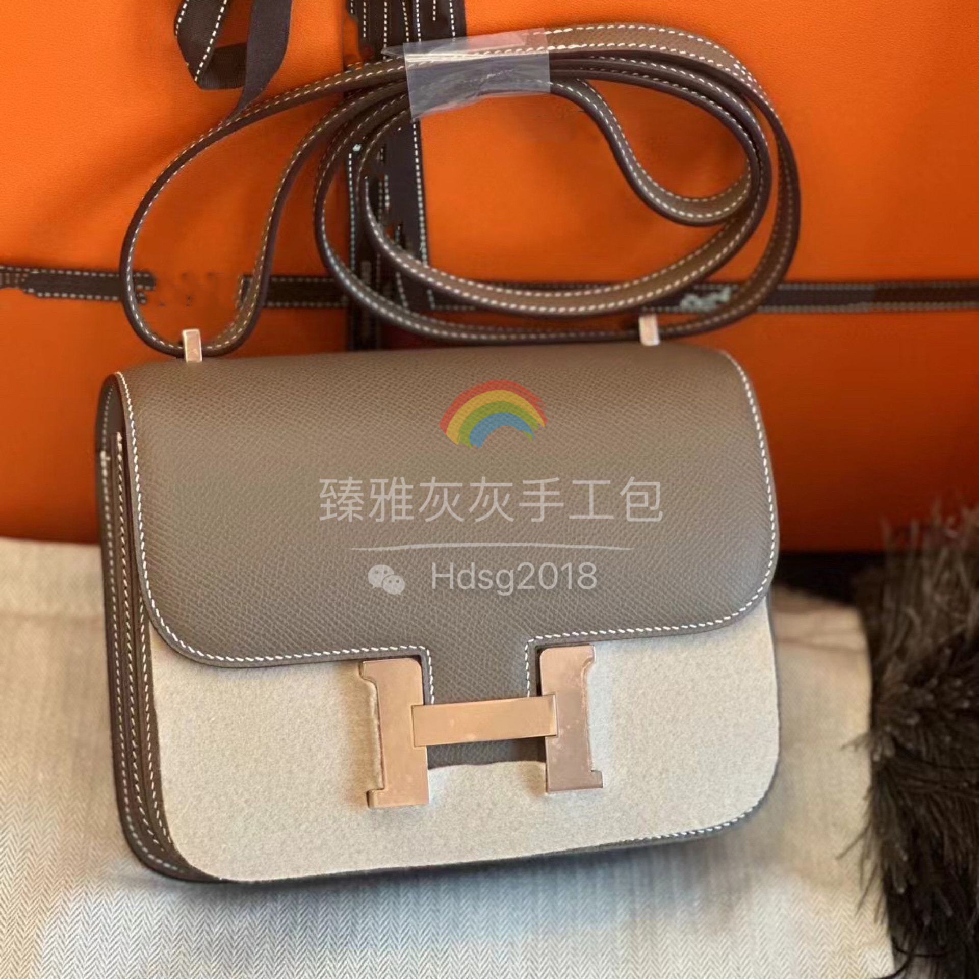 康康包19 大象灰Epsom皮玫瑰金扣 全手工制作斜挎单肩空姐包牛皮