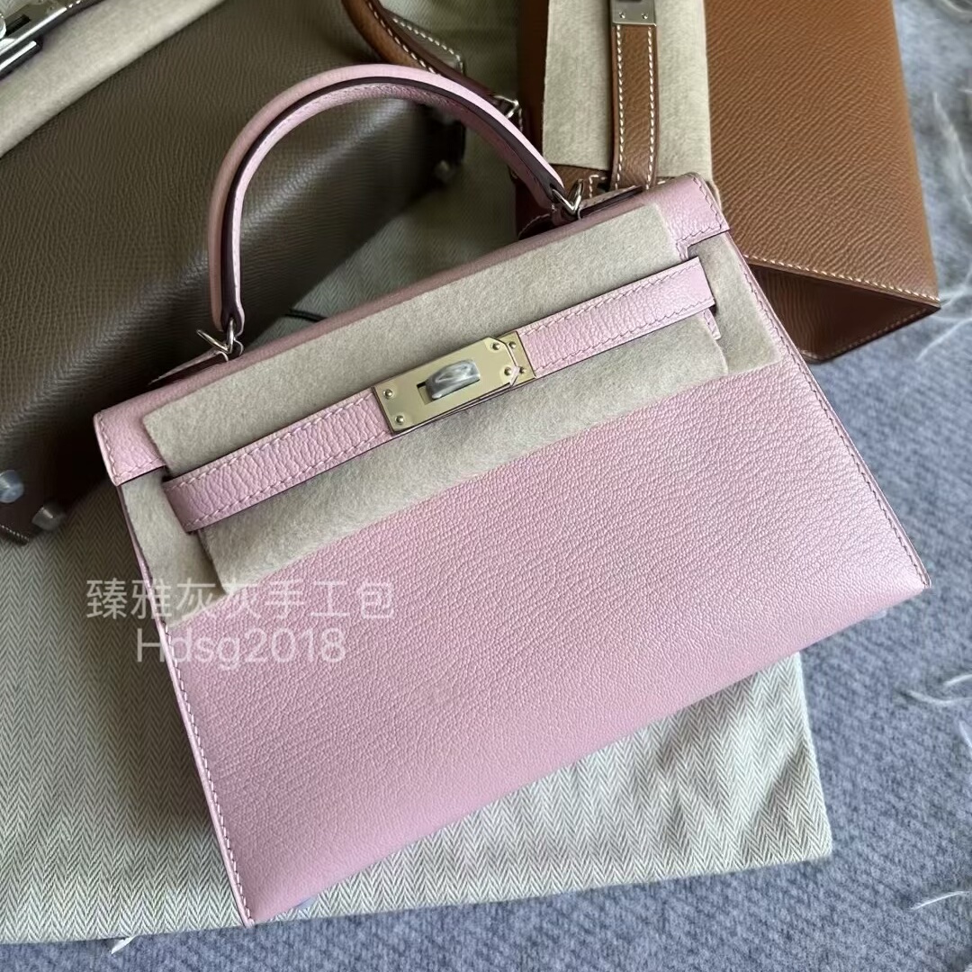 二代Mini凯莉包19 樱花粉3Q银扣Mysore山羊皮 手工制作手提斜挎包