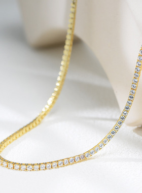 s925纯银镀金满钻网球项链高品质欧美时尚嘻哈2.5mm锆石单排项链