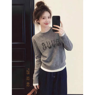灰色德绒假两件撞色长袖T恤女2026春新款设计感卡通打底衫上衣
