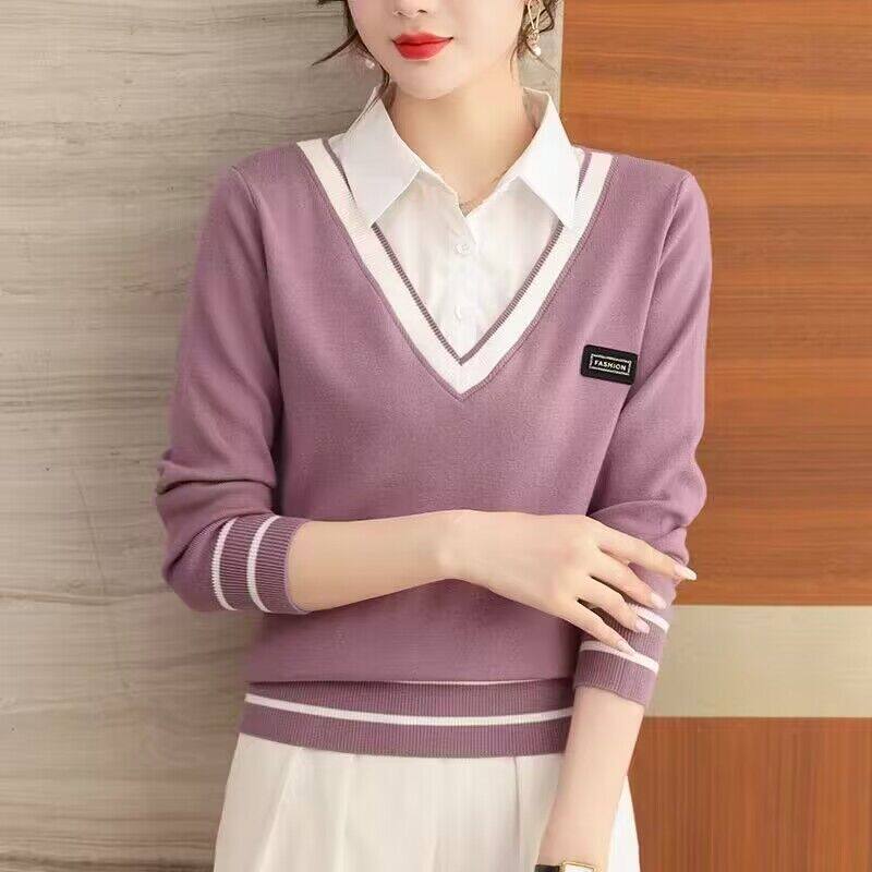 假两件针织上衣女时尚衬衫领毛衣秋冬新款针织长袖洋气打底衫