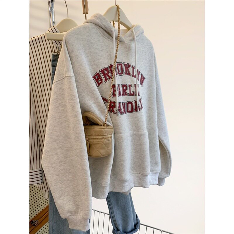 秋冬款潮流上衣美式灰色连帽卫衣女2025新款爆款秋冬季加绒加厚