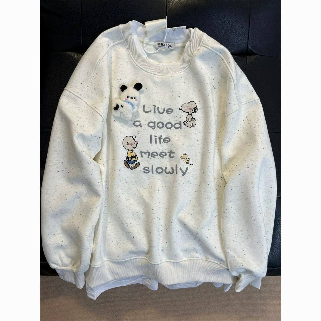 高级感刺绣拼接假两件卫衣女春秋新款宽松无帽设计感别致上衣外套