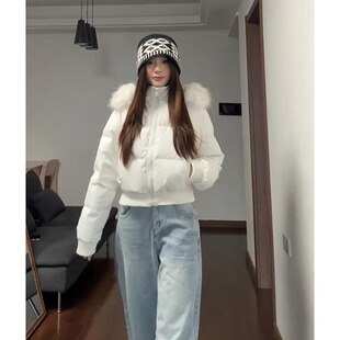 毛领连帽羽绒服外套短款女2025冬季新款小个子收腰白色保暖韩系