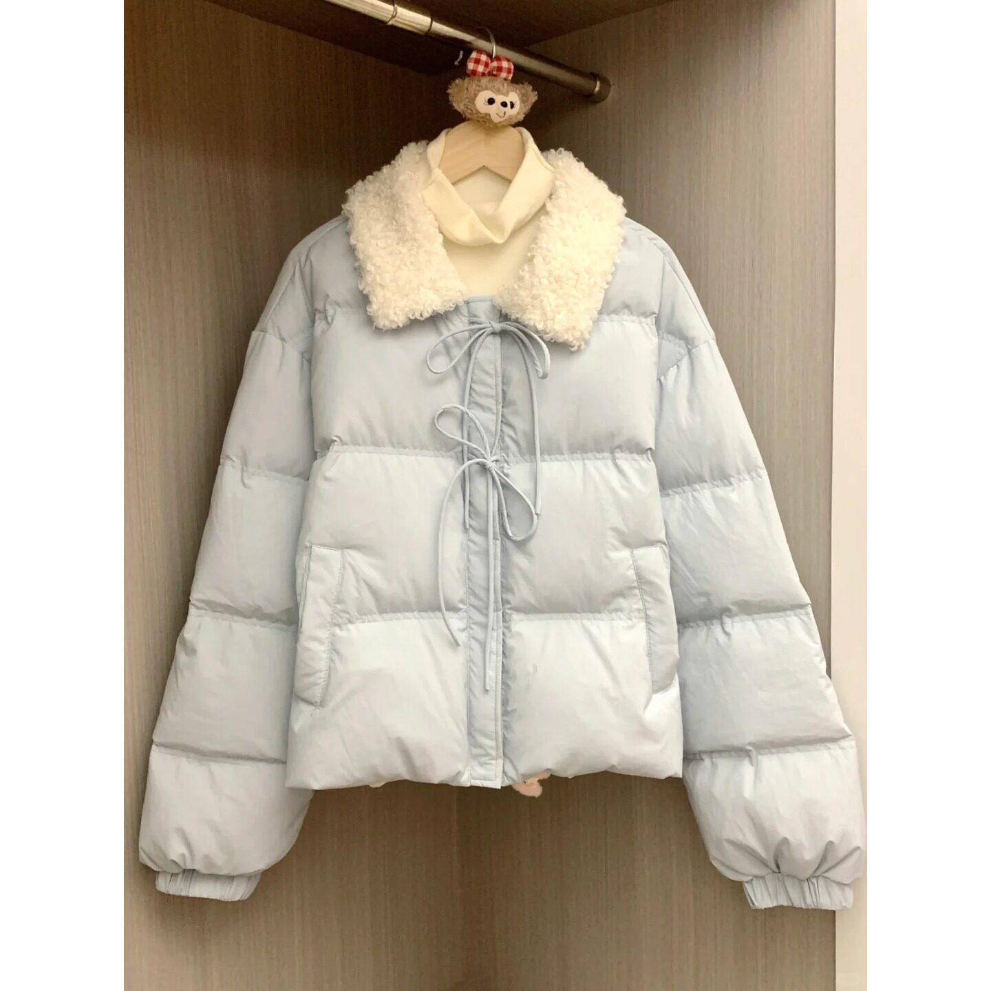 浅蓝色蝴蝶结系带短款棉服外套女冬季加厚小个子学院风减龄面包服