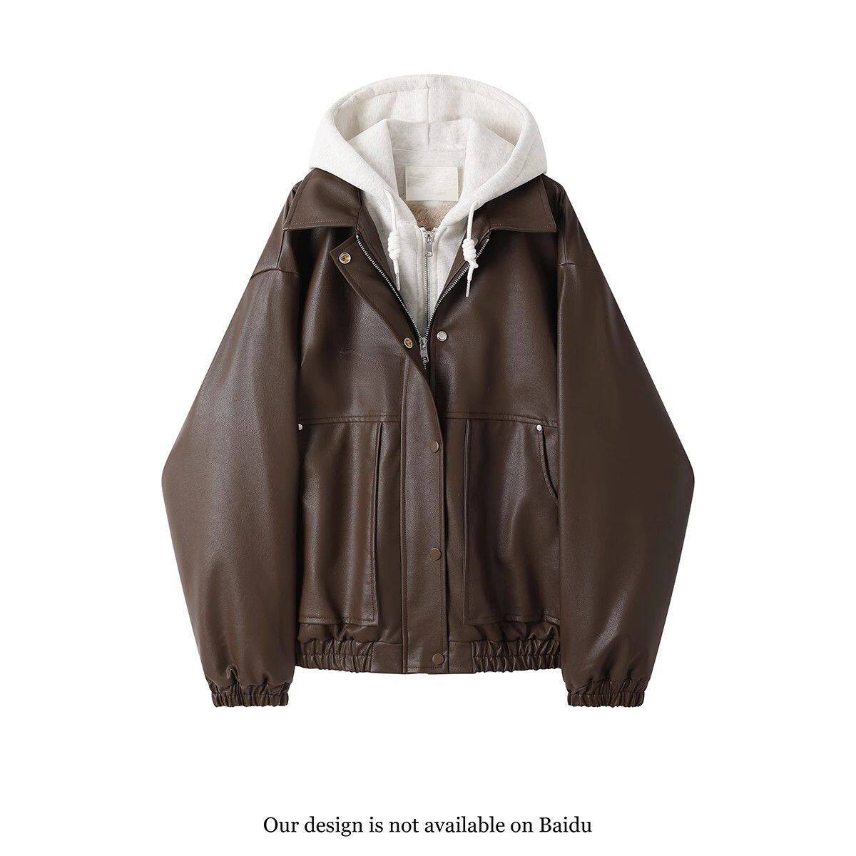 美式复古酷飒风假两件连帽棕色皮衣外套女冬季加绒宽松短款夹克