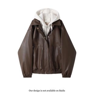 美式复古酷飒风假两件连帽棕色皮衣外套女冬季加绒宽松短款夹克
