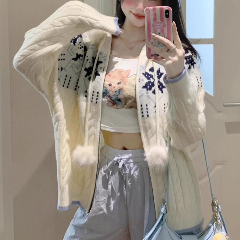 慵懒风蓝白色费尔岛连帽毛衣外套女秋冬季2025年新款宽松针织开衫