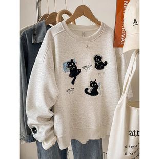 刺绣灰色无帽卫衣女2025新款秋冬季宽松大码胖mm小个子外套上衣服