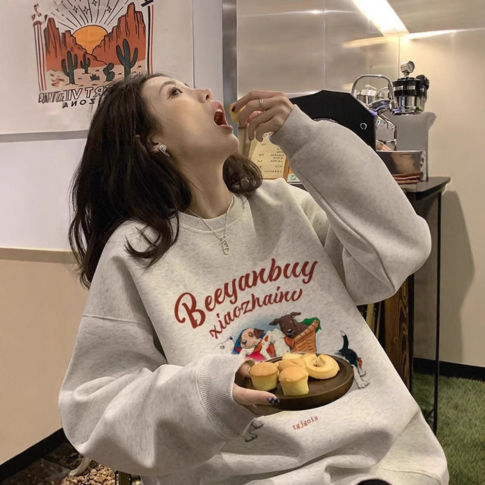 奶fufu的正肩加绒卫衣女秋冬设计感小众灰色高级感圆领上衣超好看