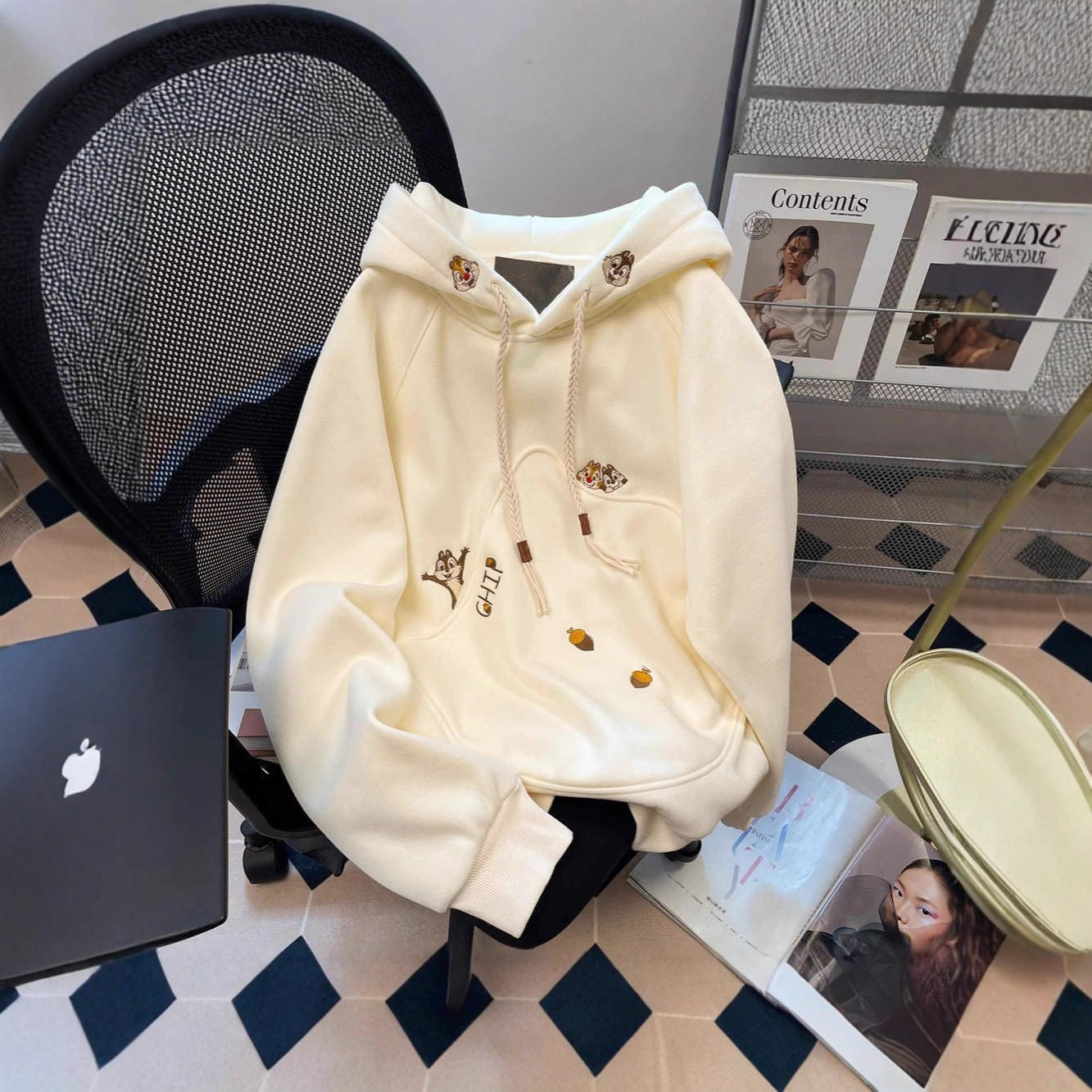 设计感刺绣松鼠连帽卫衣女外套2025新款秋冬加绒加厚宽松慵懒风春