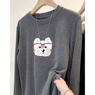 灰色正肩磨毛长袖T恤女秋冬新款宽松内搭加厚打底衫卡通印花上衣