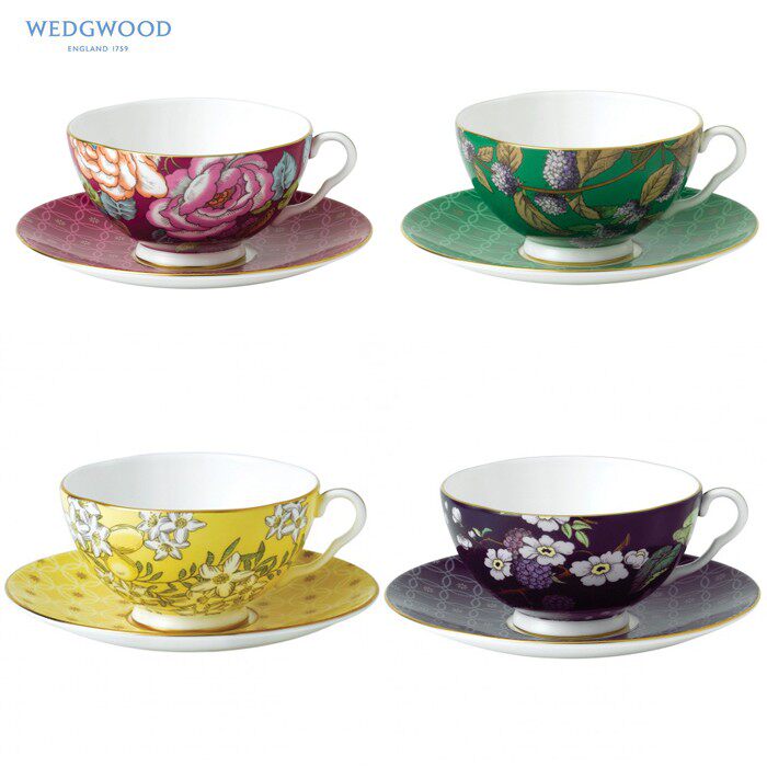 英国Wedgwood Tea Garden 茶香花园系列红绿黑黄四色骨瓷红茶杯碟