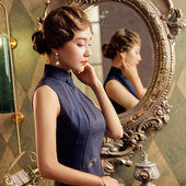 秋冬藏青无袖 改良设计年会礼服刺绣手工非物质文化工艺手工旗袍