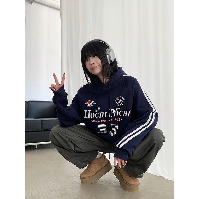 总裁家【懒人穿搭】新款美式复古连帽卫衣女贴条设计纯棉百搭帽衫