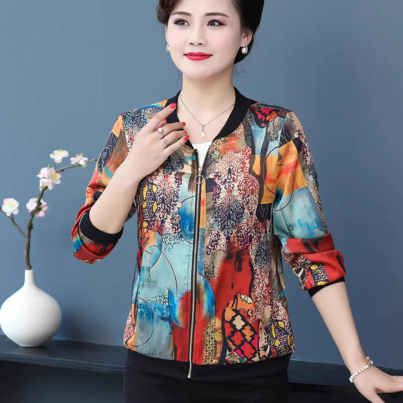 真丝印花开衫长袖外套大码棒球服