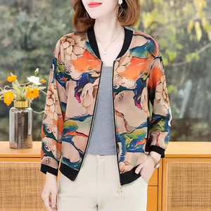 清仓特价蚕丝夹克女真丝棒球服中年妈妈大码印花外套防晒空调开衫