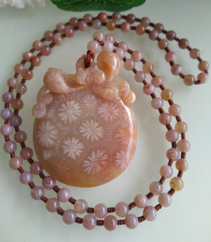 已结缘 天然印尼珊瑚玉吊坠大彩花粉红毛衣项链精雕收藏品菊花石