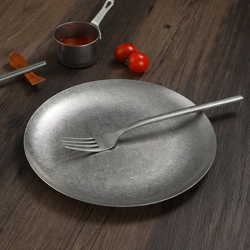 304复古不锈钢圆直边盘美式餐盘甜品浅盘骨碟甜品盘咖啡厅蛋糕盘