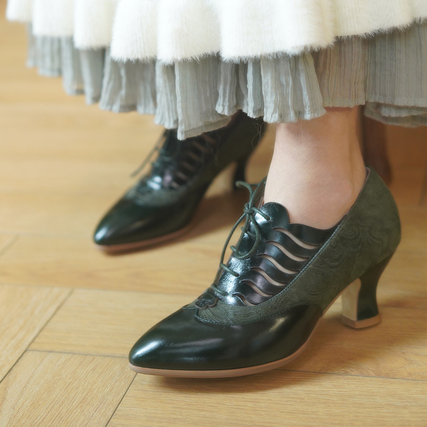 奈里法式复古镂空牛皮深口玛丽珍系带单鞋酒杯跟民国绿旗袍皮鞋,女鞋,深口单鞋,淘宝优惠券,粉丝福利购,淘宝优惠卷