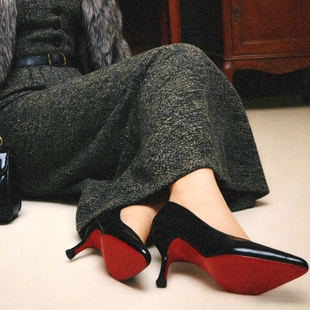 奈里法式优雅女人黑色性感女王诱惑CL红底鞋尖头细跟旗袍40高跟鞋