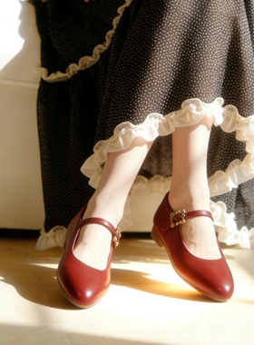奈里法式优雅红色一字带玛丽珍平跟单鞋民国百搭大码40旗袍平底鞋