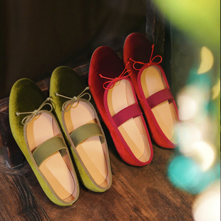 旗袍女鞋 奈里法式 民国大码 蝴蝶结芭蕾舞鞋 温柔仙女丝绒低粗跟单鞋