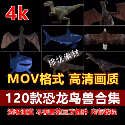 恐龙鲨鱼远古巨龙飞龙蟒蛇老鹰鱼鸟群蝴蝶虫群AE合成特效视频素材