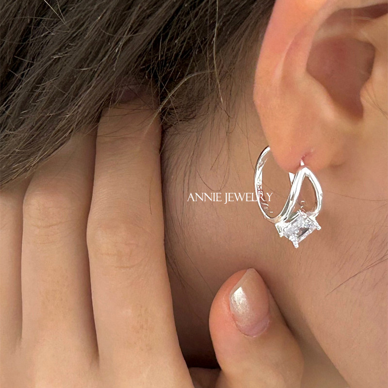annie jewelry 简约百搭精致丽人925纯银方钻锆石c字经典圈圈耳环