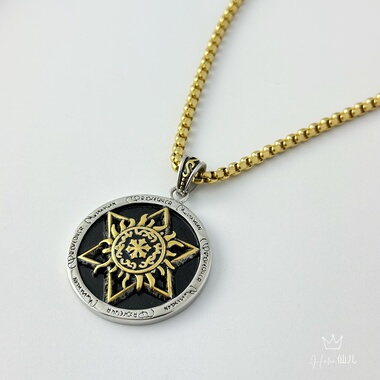 复古间金色六芒星火焰圆牌吊坠钛钢项链男高级感朋克霸气男生配饰