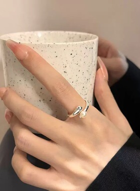 S925银法式珍珠戒指女轻奢高级感 网红小众设计极简素银开口指环