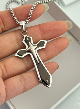 欧美黑色领带十字架钛钢男士项链